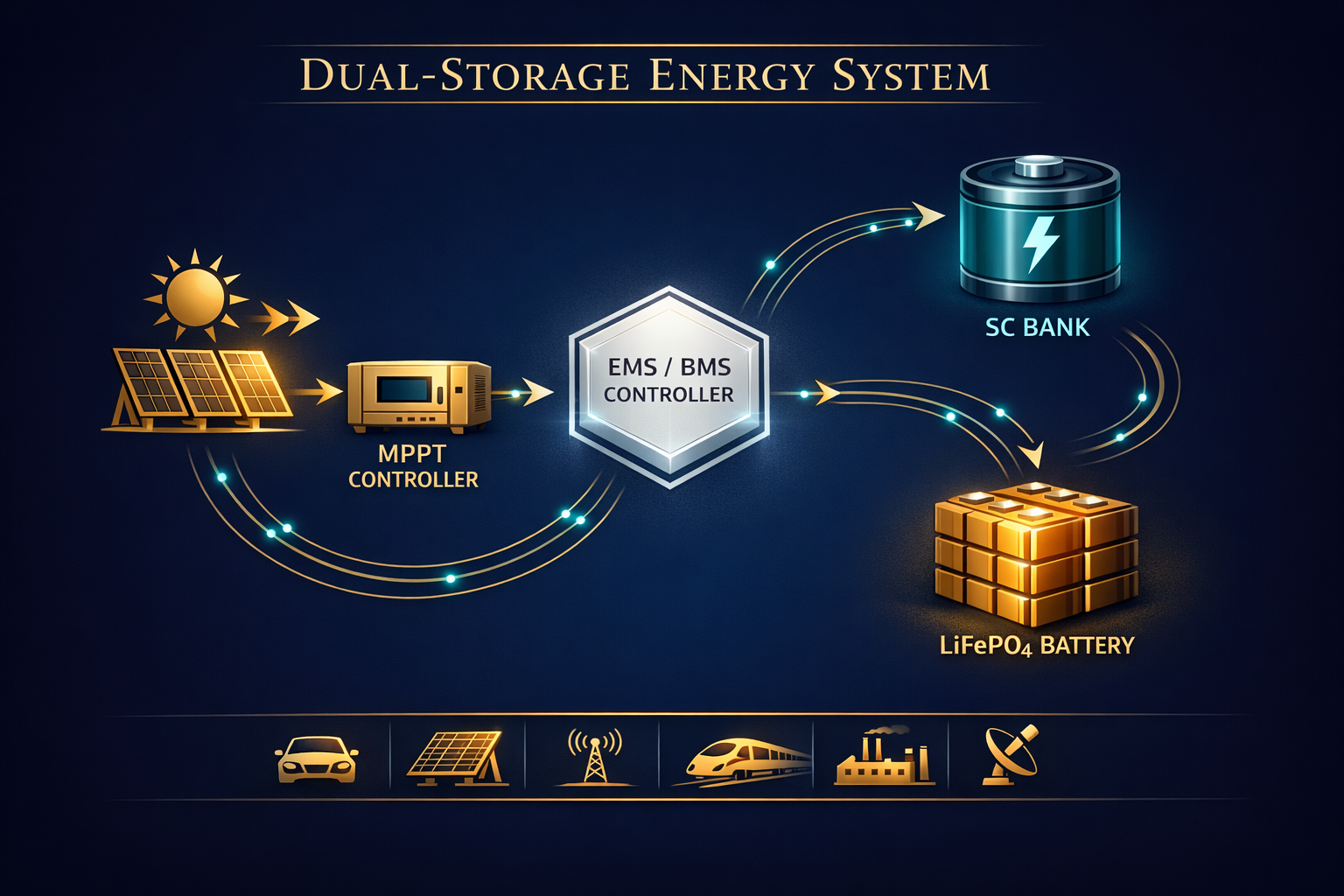 System architecture diagram showing solar input through MPPT controller to EMS/BMS controller, routing to SC Bank (fast domain) and LiFePO₄ Battery (energy domain), with six application icons below