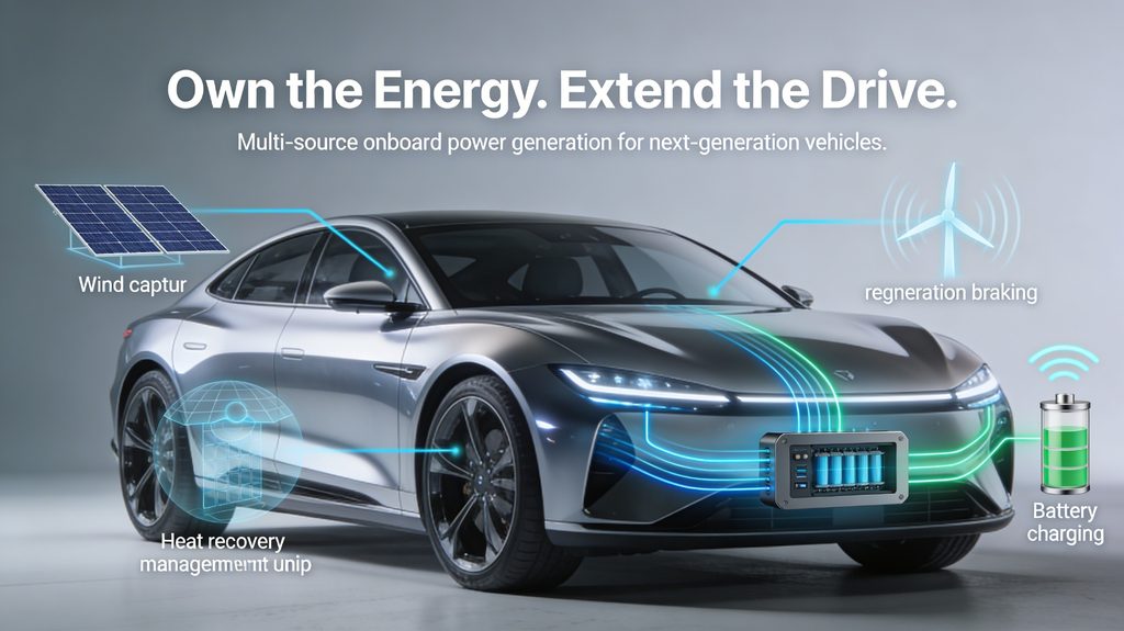 Annotated overview of OMNIA Drive on a passenger EV — wind capture, regenerative braking, heat-recovery management unit and battery charging shown around a silver vehicle.