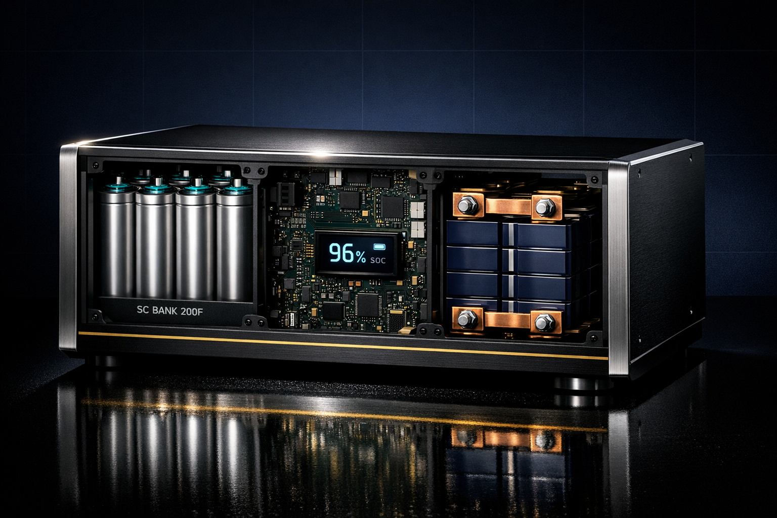 Hybrid Power Pack — open unit showing SC Bank 200F, BMS controller at 96% SOC, and LiFePO₄ cell stack with copper busbars